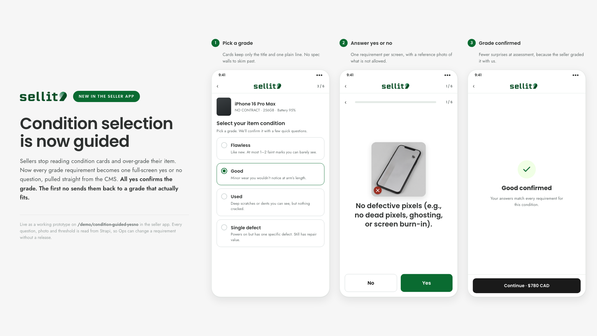 SELLIT9 condition-selection guided flow, announcement showing all 3 screens