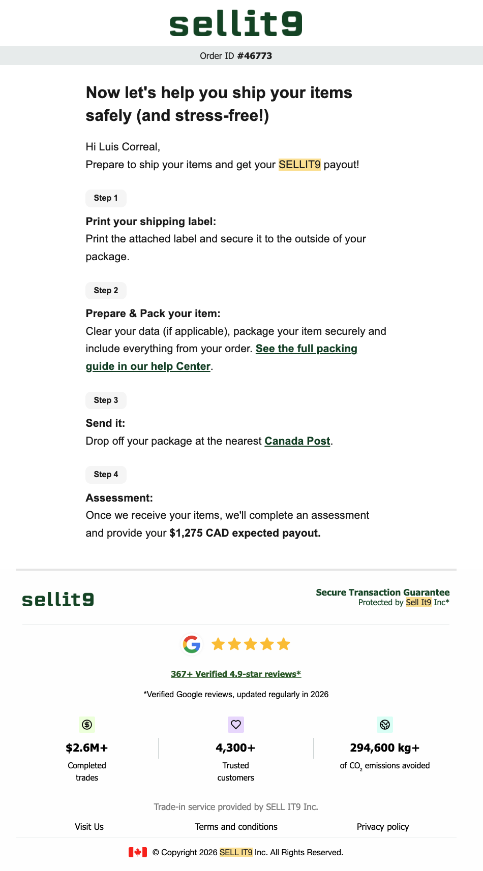 SELLIT9 transactional email, old paragraph-style version